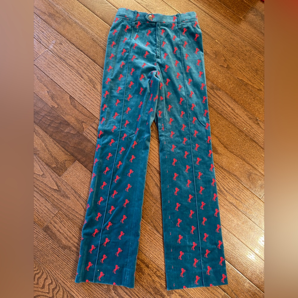 Chloe pants trousers. Velvet. Teal with embroidered horses. 2018. Sz 36. Rare!!